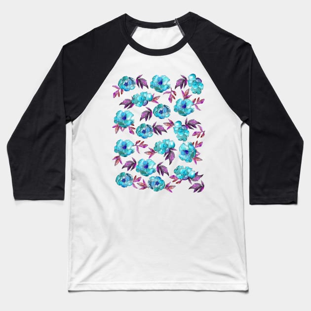 Peonies Flowers Watercolor Ink Cute Girly Cyan Baseball T-Shirt by ArtInPi